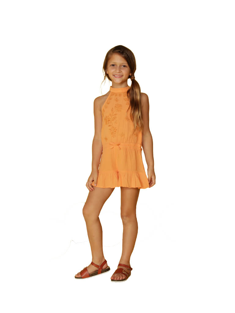 Girl's high neck embroidered romper cover up