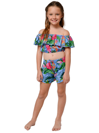 Flounced top and short set in Hibiscus Tropics print.