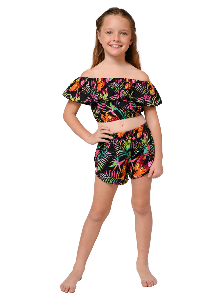 Flounced top and short set in Tropical Paradise print.