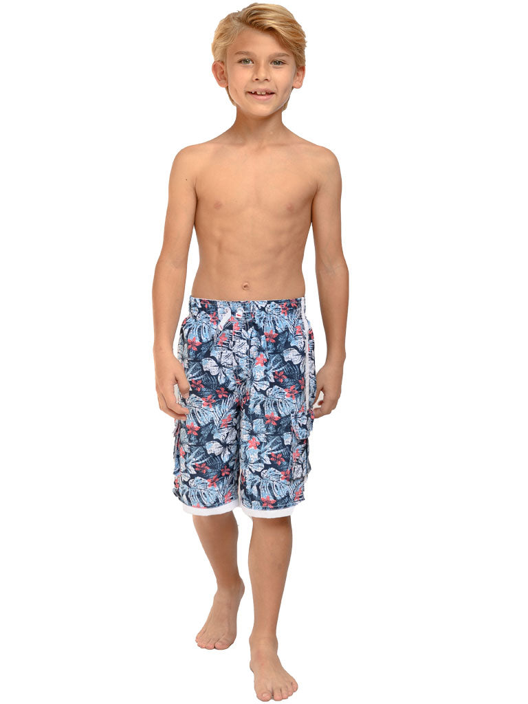 Boy's Board Swim Trunks in Denim Hibiscus print