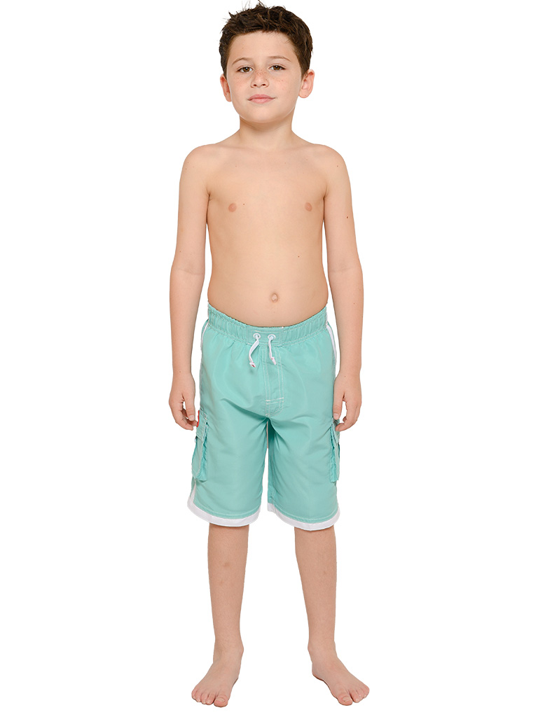 Boys' cargo shorts the longer swim trunks in solid colors and white detail