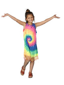 Fringe tie dye dress cover up in bright multicolors