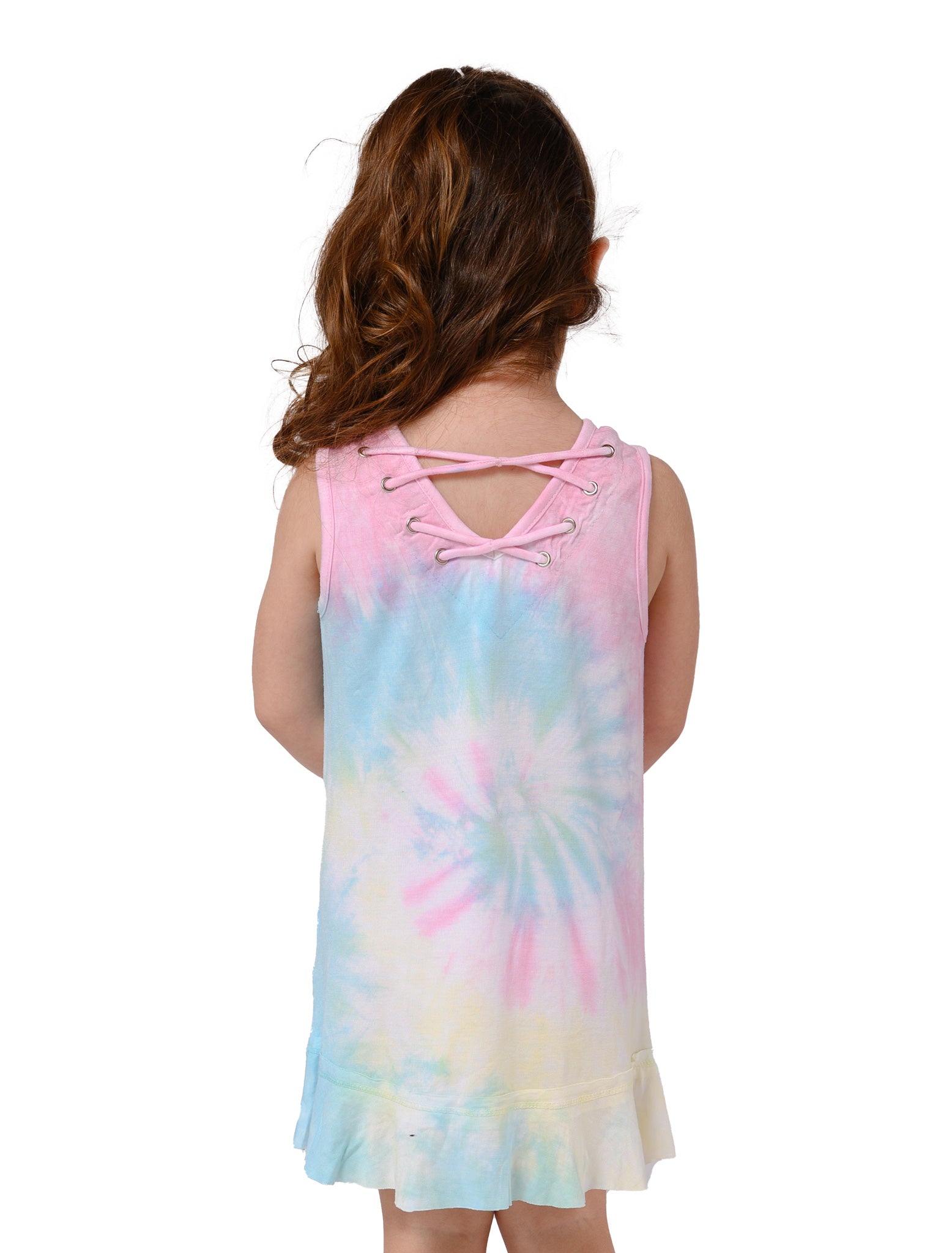 Asymmetrical dress with ruffle bottom for girls in tie dye.