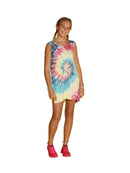 Asymmetrical dress in a swirl rainbow pattern