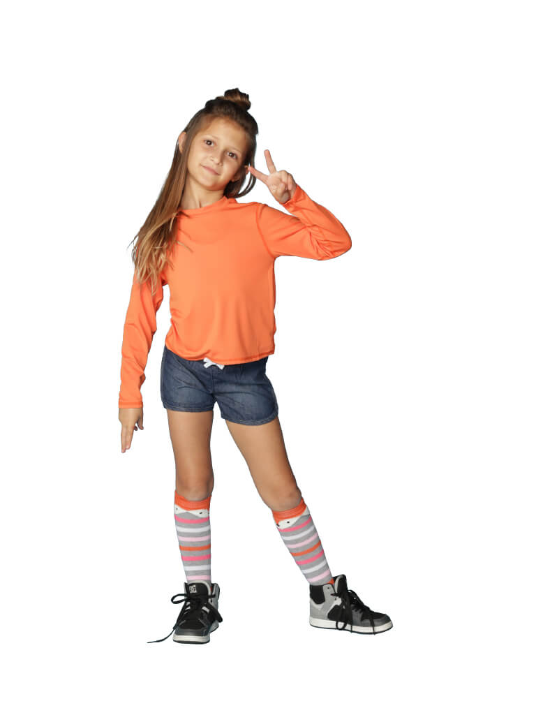 Orange long sleeve crew neck sun shirt for girls.