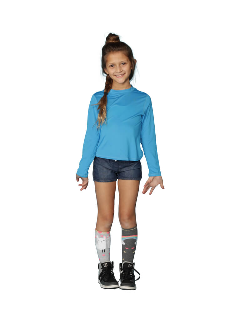 Turquoise long sleeve crew neck sun shirt for girls.