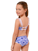 INGEAR girls ruffled bikini in #418 (Blue teddy hearts), back view.