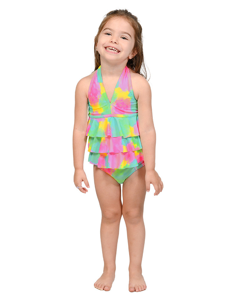 Tiered ruffle tankini with a side cinched bottom