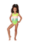 Ombre print with pineapple foil print bathing suit for little girls, front view