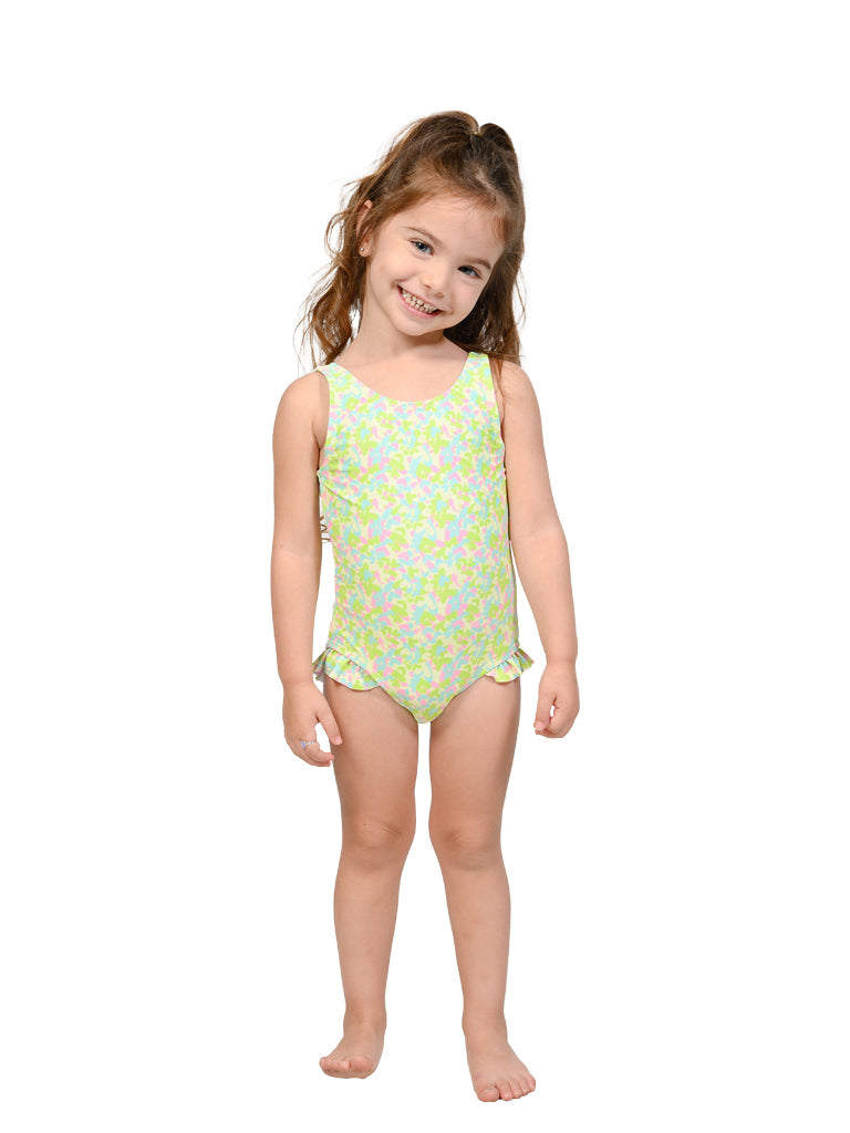 Side ruffled one piece swim suit with camo hearts print