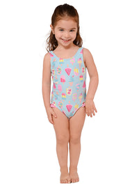 Side ruffled one piece swim suit with popsicle party print