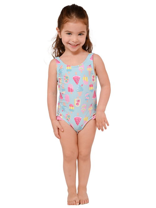 Side ruffled one piece swim suit with popsicle party print