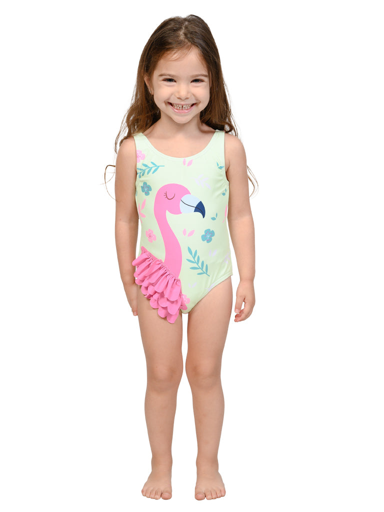 One piece bathing with a flamingo on front.