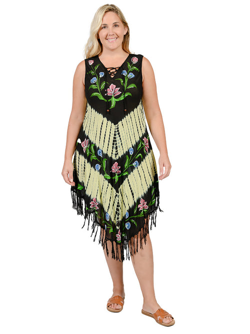 Umbrella dresses with a lace-up v-neck front and a fringe bottom