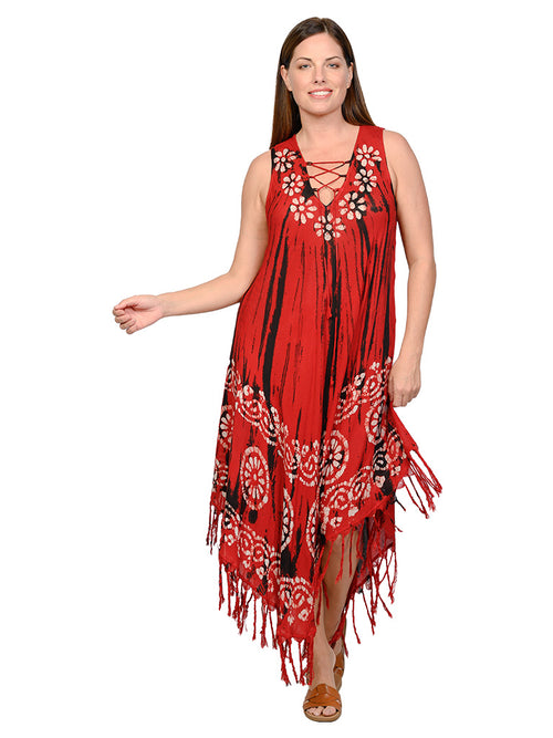 Umbrella dresses with a lace-up v-neck front and a fringe bottom