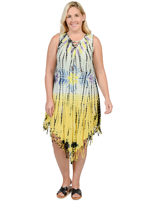 Umbrella dresses with a lace-up v-neck front and a fringe bottom