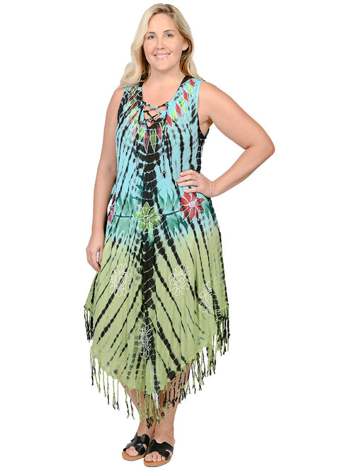 Umbrella dresses with a lace-up v-neck front and a fringe bottom
