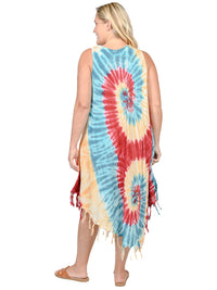 back view of fringe bottom umbrella dress in bright tie dye