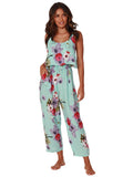 A bright floral print flounced top jumpsuit, front view