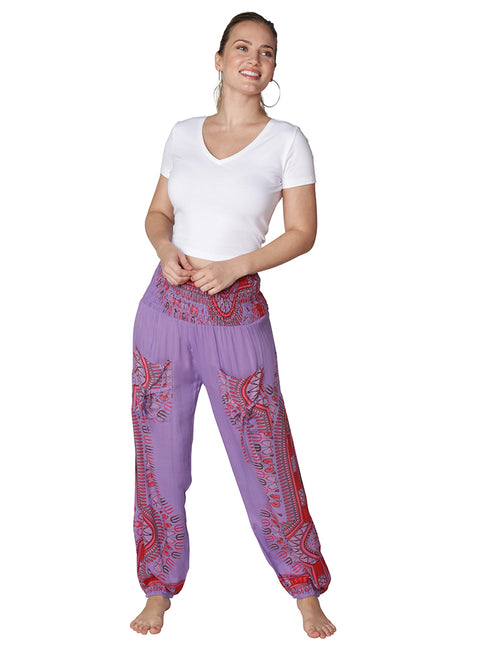 Violet and red batik print smocked waist harem pant
