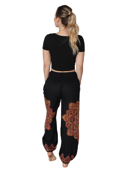 Black and Orange detail smocked waist harem pant