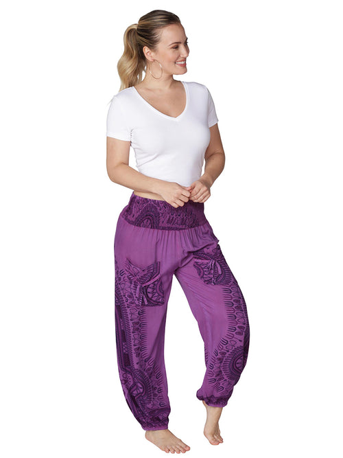 Purple Batik pattern smocked waist harem pant