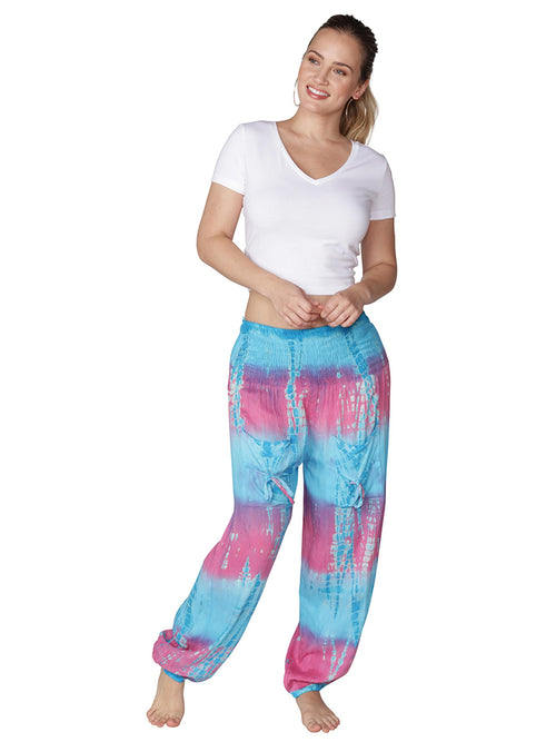 turquoise and pink tie dye smocked waist harem pant