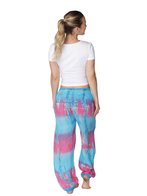 turquoise and pink tie dye smocked waist harem pant