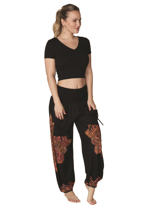 Black and Orange detail smocked waist harem pant