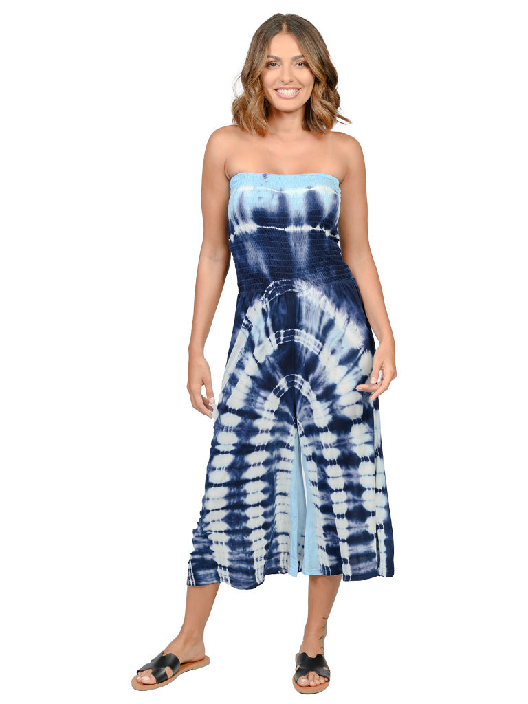 Navy and turquoise tie dye smocked top jumpsuit