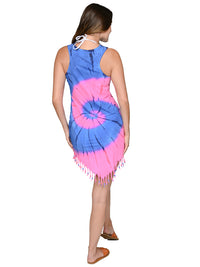 ITD380-Racer Back pnk/blu tank dress with fringe bottom back view