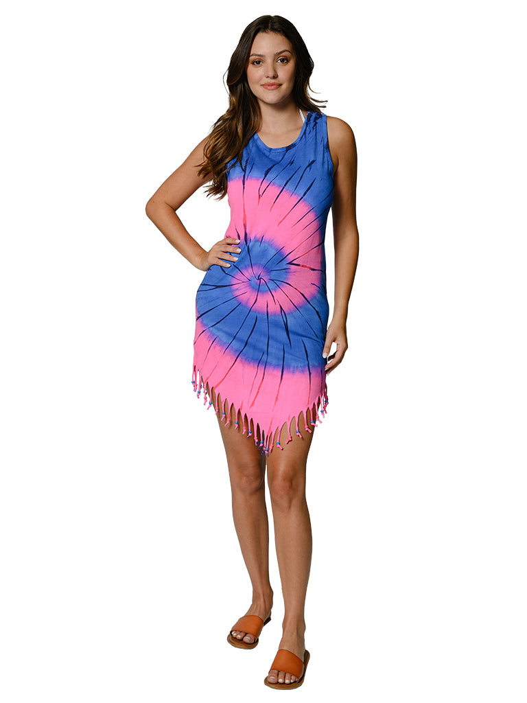 Tie Dye fringe bottom tank dress in Bright Pink Blue Yellow Pink dye combinations. Perfect little cover just for you