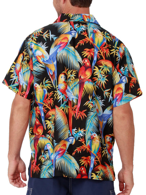 KOHS31-Black Parrot Print shirt, back view.