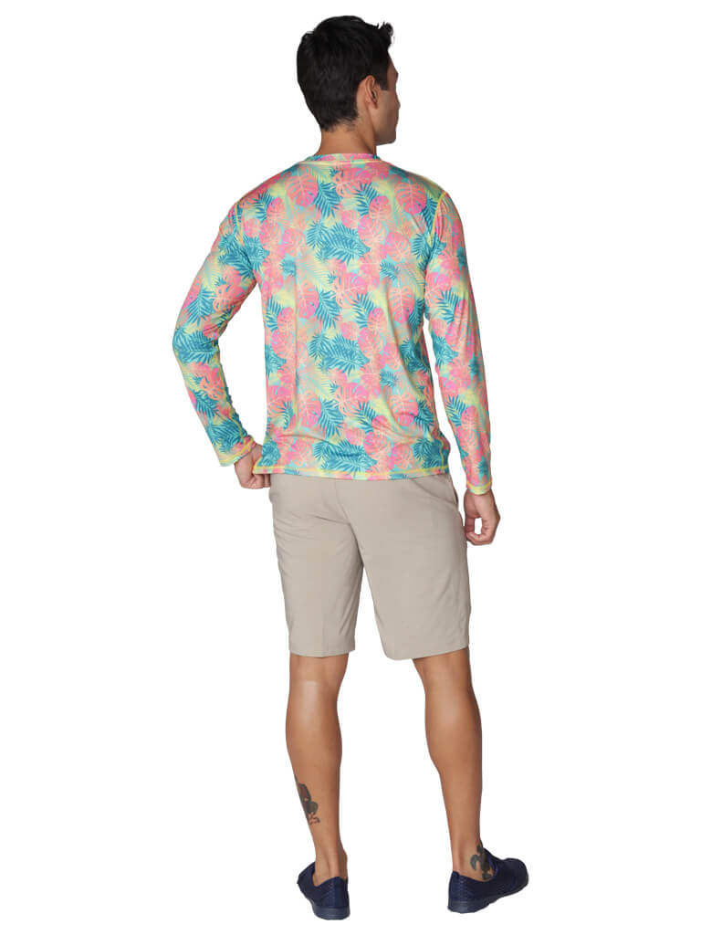 Men's Long Sleeve sun shirt in lush leaves print pattern