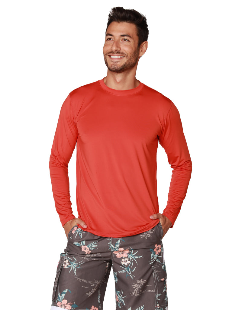 Rust color loose fitting sun shirt with a crew neck and long sleeves