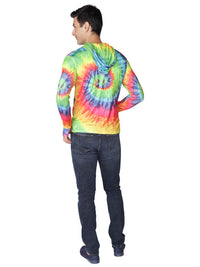 Brightly printed tie-dyed hoodie, back view