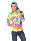 Brightly printed tie-dyed hoodie, close-up