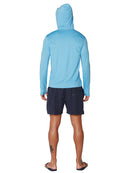 Cool fabric nylon hoodie with a kangaroo front pocket and drawstring closure on top, back view