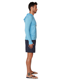 Cool fabric nylon hoodie with a kangaroo front pocket and drawstring closure on top, side view