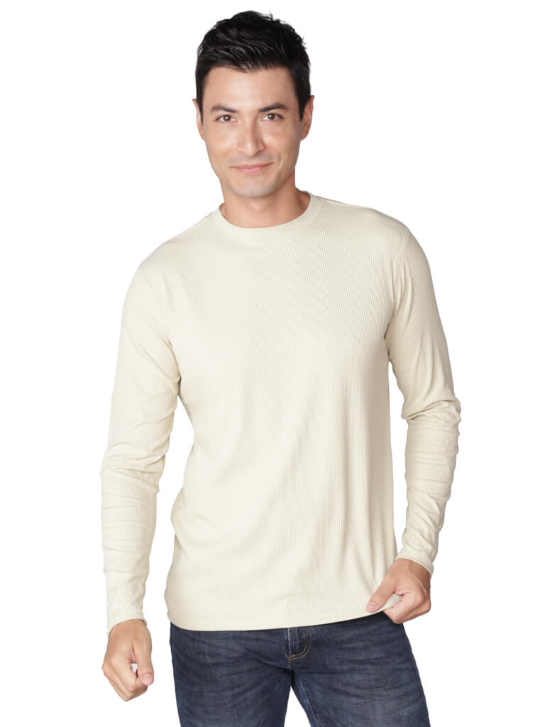 Khaki Men's ribbed long sleeve crew neck sun shirt