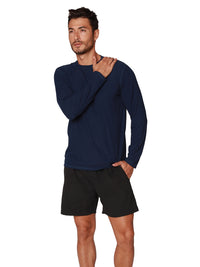 Navy long sleeve crew neck shirt, front view