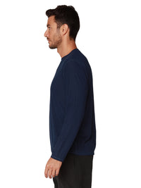 Navy ribbed long sleeve crew neck shirt, side detail