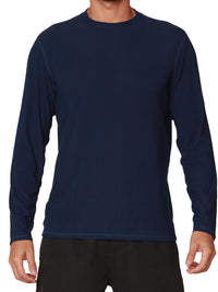 Navy ribbed long sleeve crew neck shirt, front detail