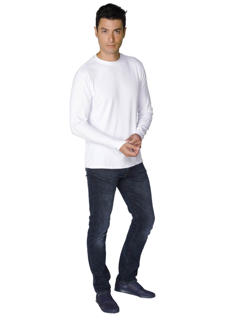 Men's white ribbed long sleeve crew neck sun shirt