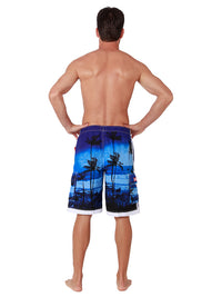 Midnight blues form the backdrop of these black silohuette palms, board shorts with a huge Ingear side pocket that features a velcro cover. Back View