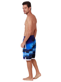 Midnight blues form the backdrop of these black silohuette palms, board shorts with a huge Ingear side pocket that features a velcro cover. Side View