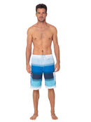 Men's Elastic Swim shorts — board shorts in broad stripes of blue hues, front view