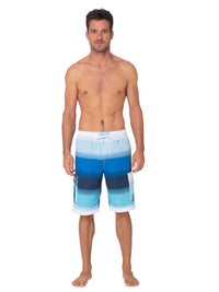 Men's Elastic Swim shorts — board shorts in broad stripes of blue hues, front view