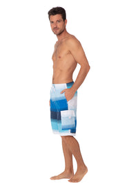 Men's Elastic Swim shorts — board shorts in broad stripes of blue hues, side view