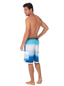 Men's Elastic Swim shorts — board shorts in broad stripes of blue hues, back view